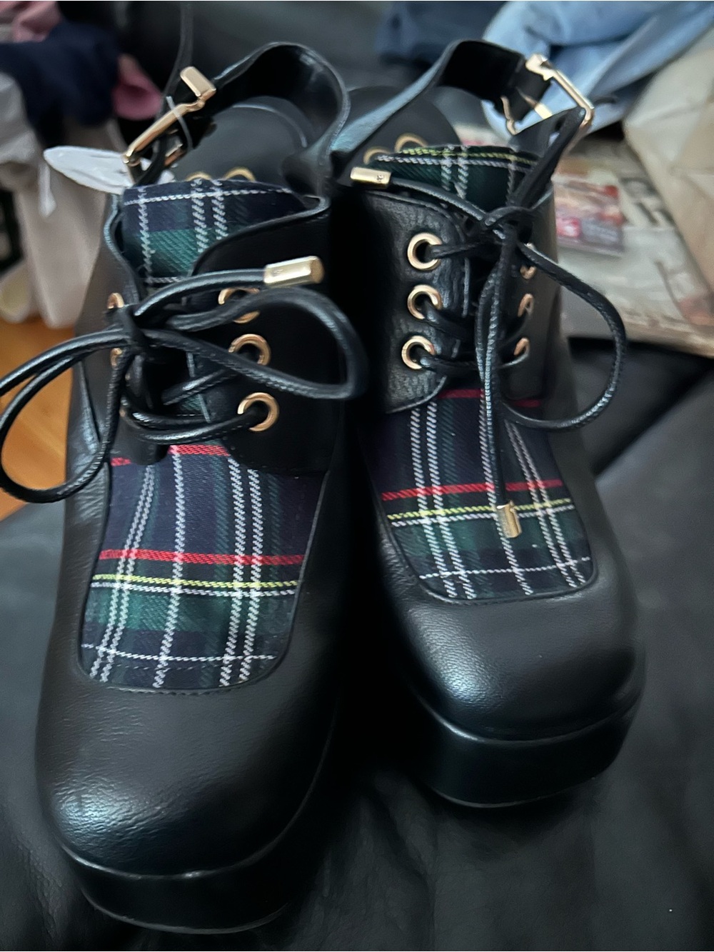 Jessica Simpson Black Platform Mary Jane with Tartan Inset